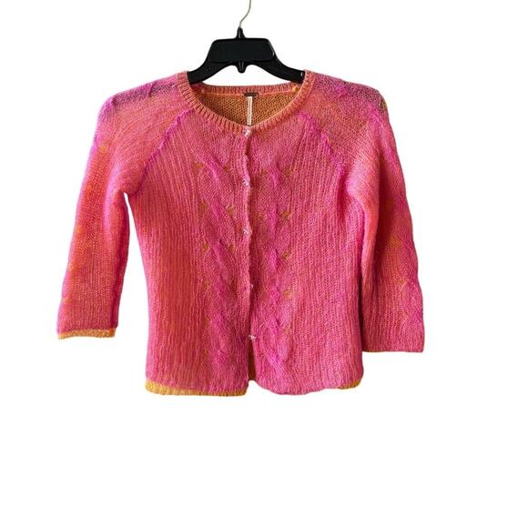 Free people pink orange mohair cardigan 3/4 sleeves size medium - Picture 2 of 8